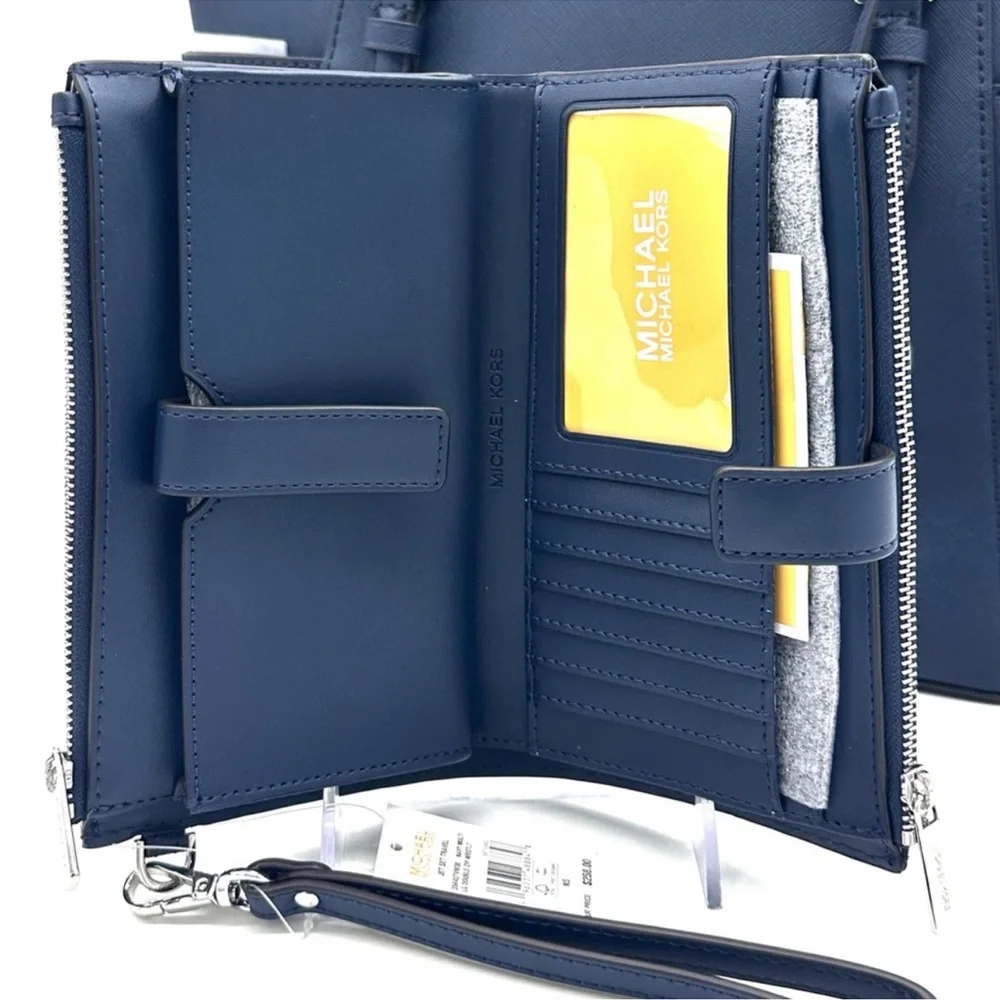Michael Kors Large Charlotte Tote Bag & LG Double Zip Wallet Luggage Navy Blue - Picture 12 of 15